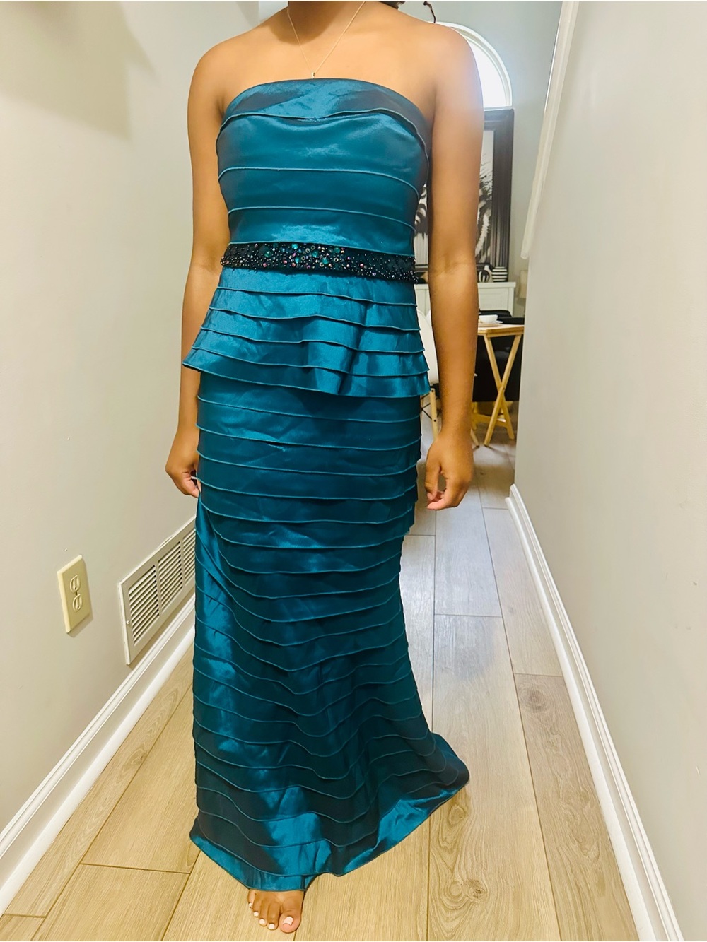 Niteline Strapless Teal Layered Evening Gown with Beaded Waist